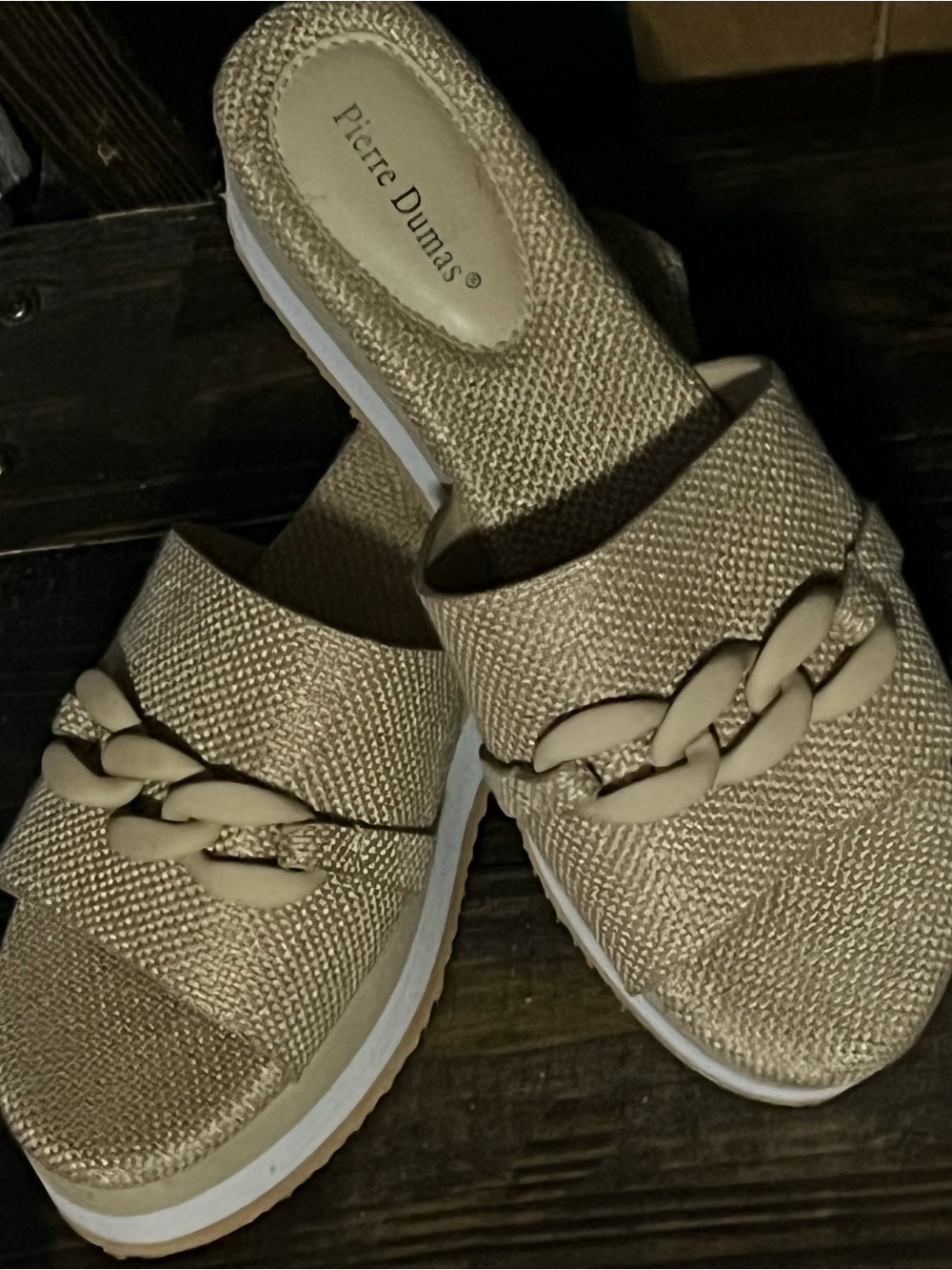 Pierre Dumas Beige Woven Slide Mules with Chain Detail